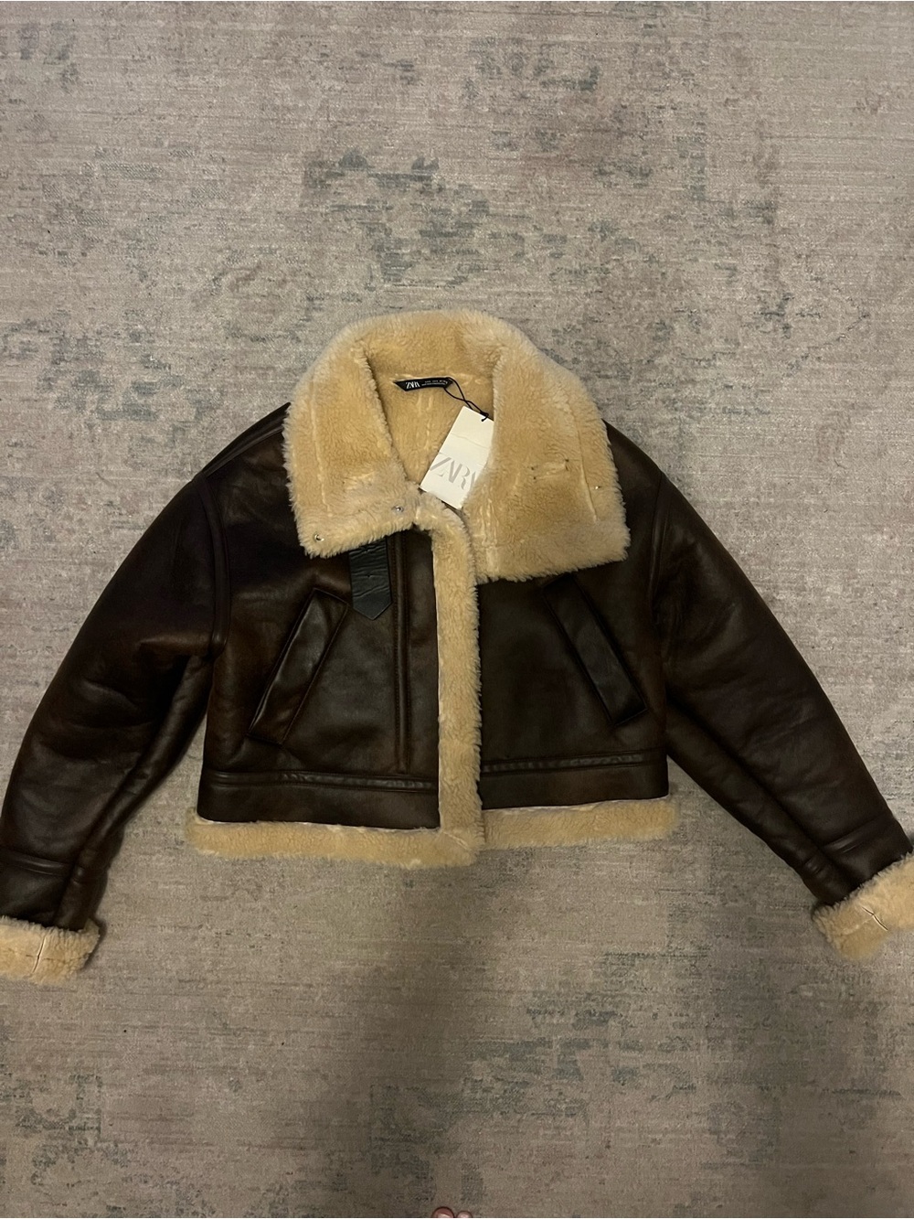 Zara Dark Brown Faux-Leather Aviator Jacket with Cream Shearling